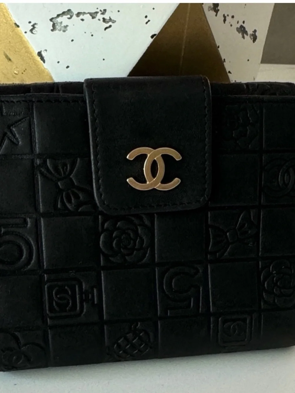 CHANEL Black Quilted Embossed Leather Small Wallet with Gold CC Snap